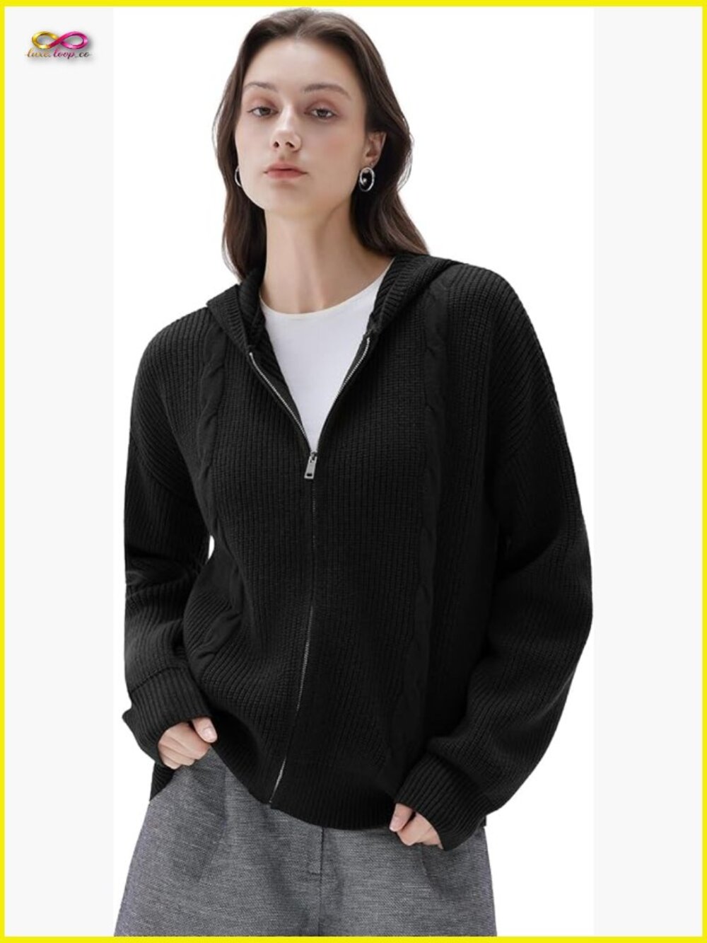 Chunky Knit Cashmere Blend Zip Up Oversized Hoodie Cardigan with Pockets